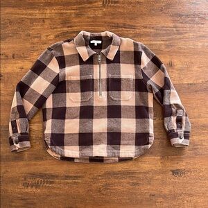 Madewell// plaid light pink and purple half-zip top 100% cotton